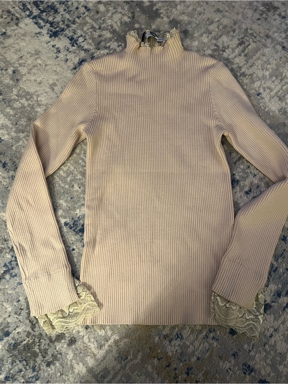 English Factory Ribbed Lace-Trim Mock Neck Sweater